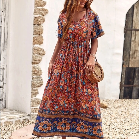 Boho floral print knot front A line dress - Picture 3 of 7